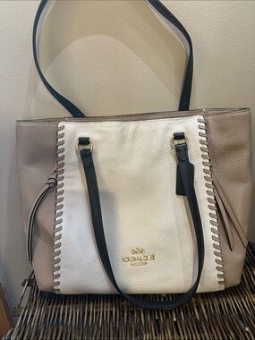 Coach Two-Tone Leather Tote in Cream and Taupe with Black Accents